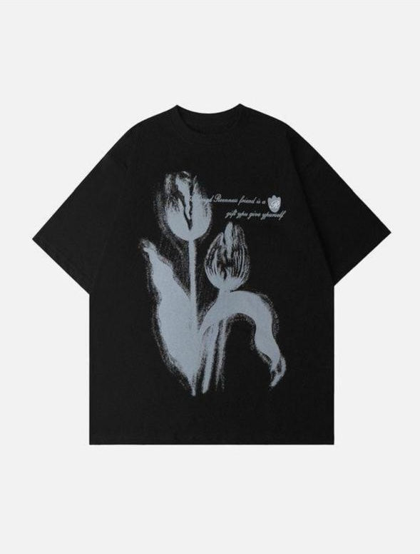 Ghost Tulip Oversized Tee – Black